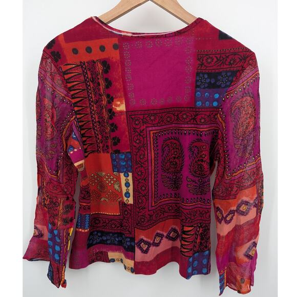 Nostalgia Boho Patchwork Paisley Long Sleeve Top L Red Multicolor India 80s Y2K - Picture 2 of 3